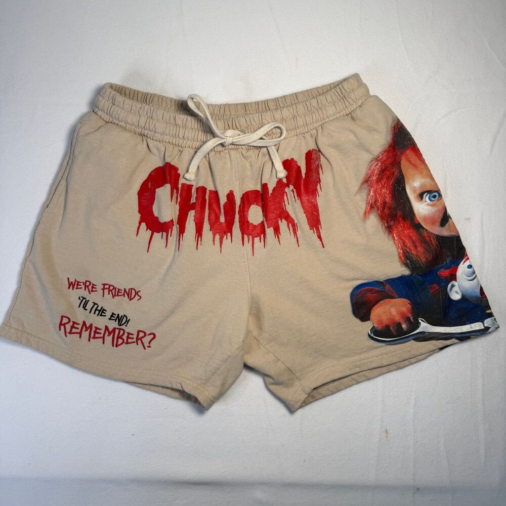 Chucky Childs Play Mens XL Fleece Sweat Shorts Tan Universal Horror Graphic